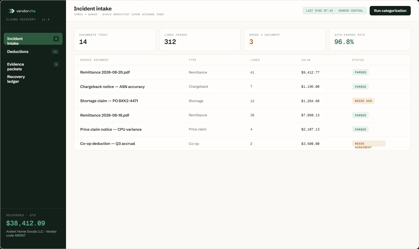 Incident intake screen — documents parsed into one queue