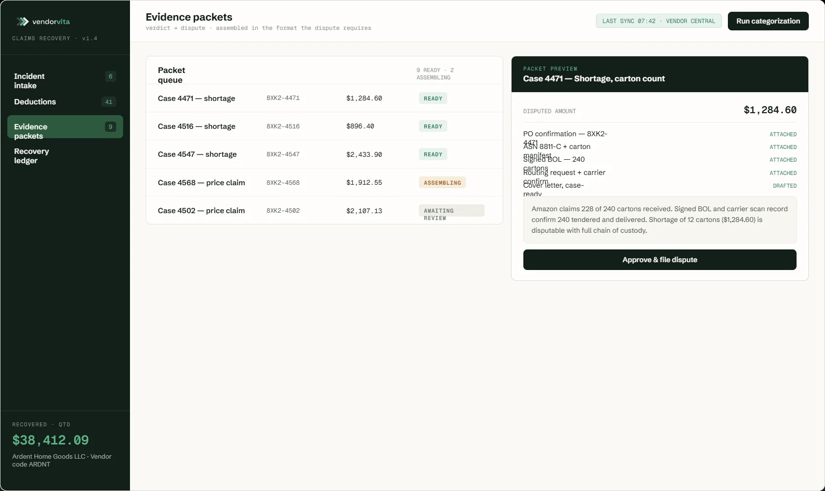Evidence packet screen — assembled dispute packet with chain of custody
